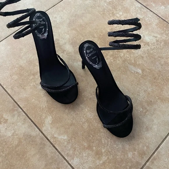 Rene Caovilla Black Crystal Margot Snake Wrap Heels EU Size 40 US Size 9 - Picture 1 of 16